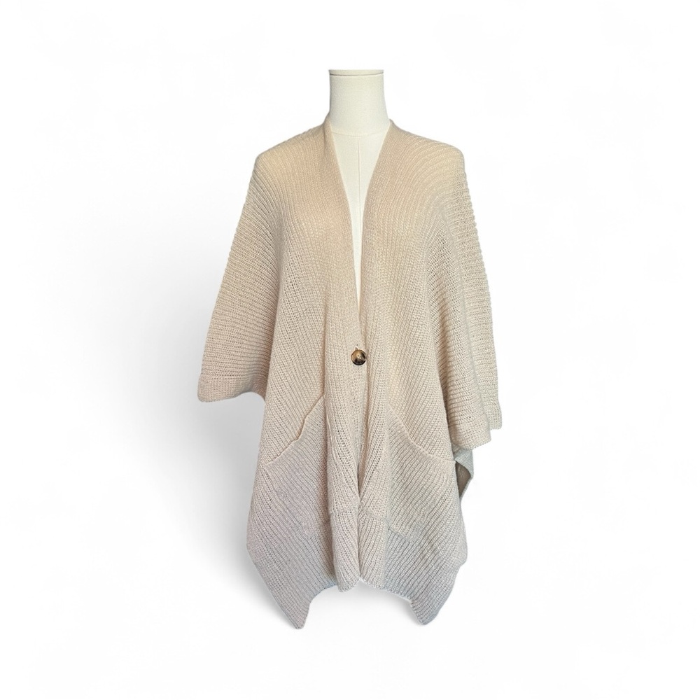 🆕 🤎 NWOT TIME & TRU Tan Open Knit Button Front Ruana | OS